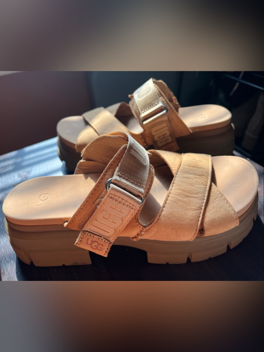 UGG Tan Leather Strap Sandals with Logo Webbing